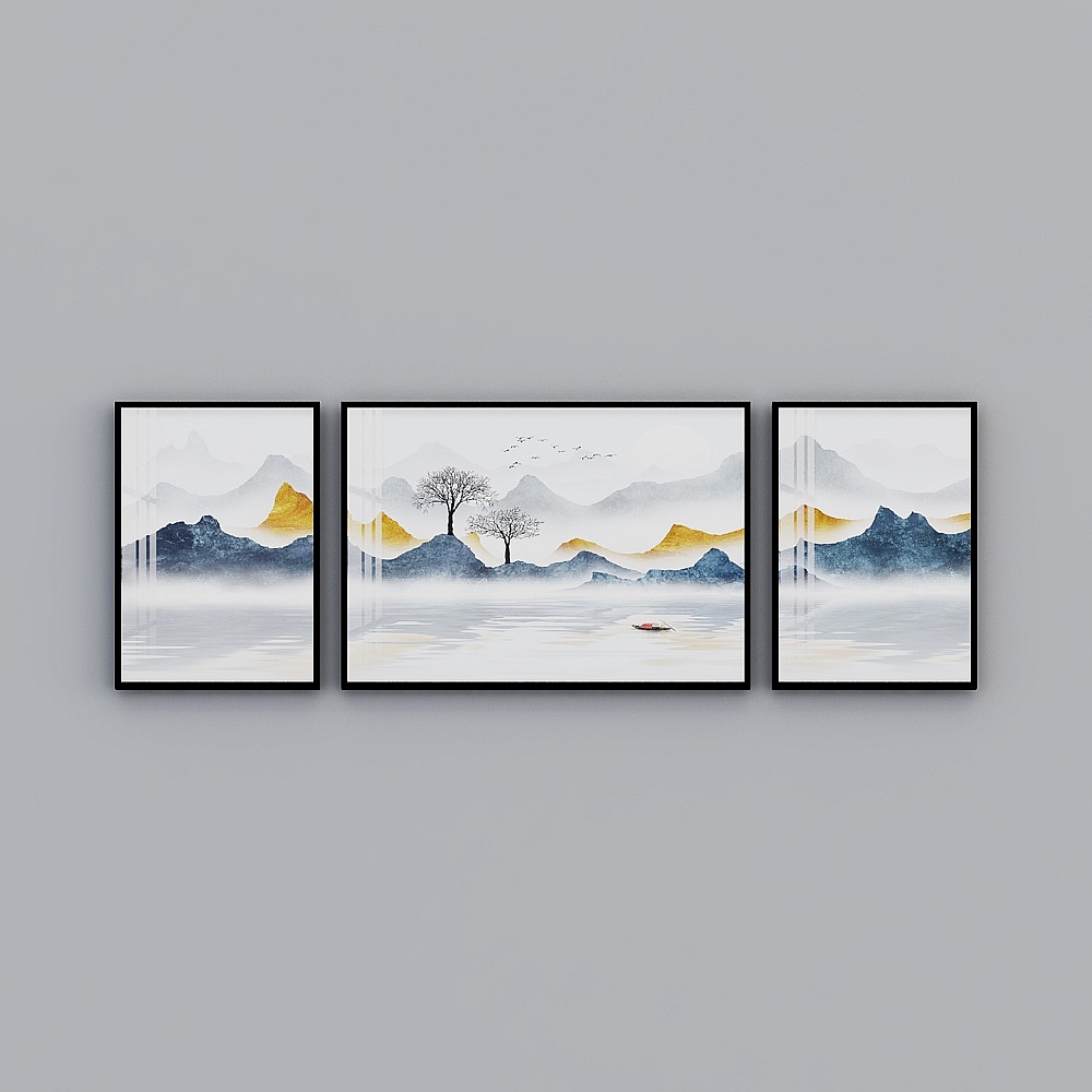 艾尔兰装饰画新中式欧式白色简约艺术画客厅卧室沙发床头水墨山水三连