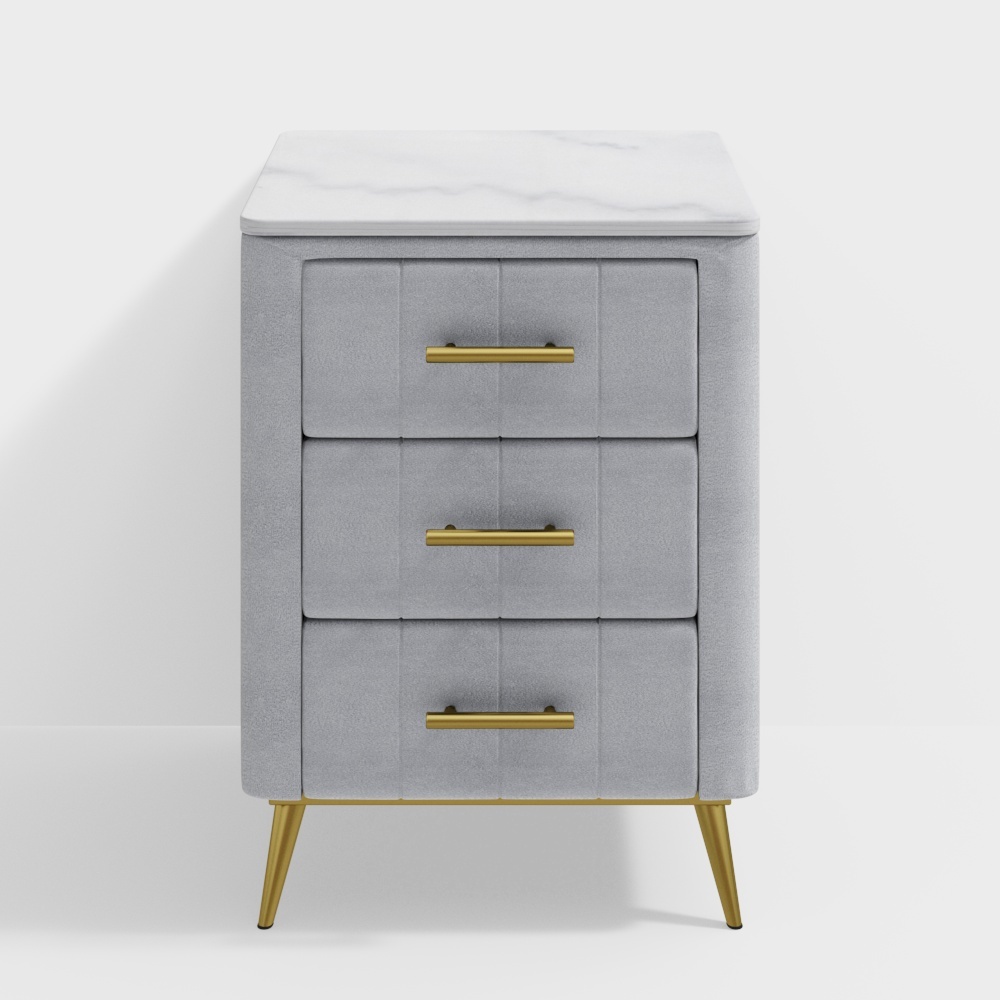 Modern Nightstand Gray Velvet Bedside Table 3 Drawers with Sintered Stone Top