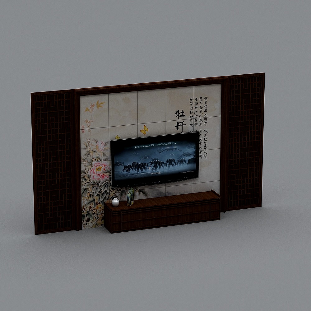 新中式电视背景墙3D模型