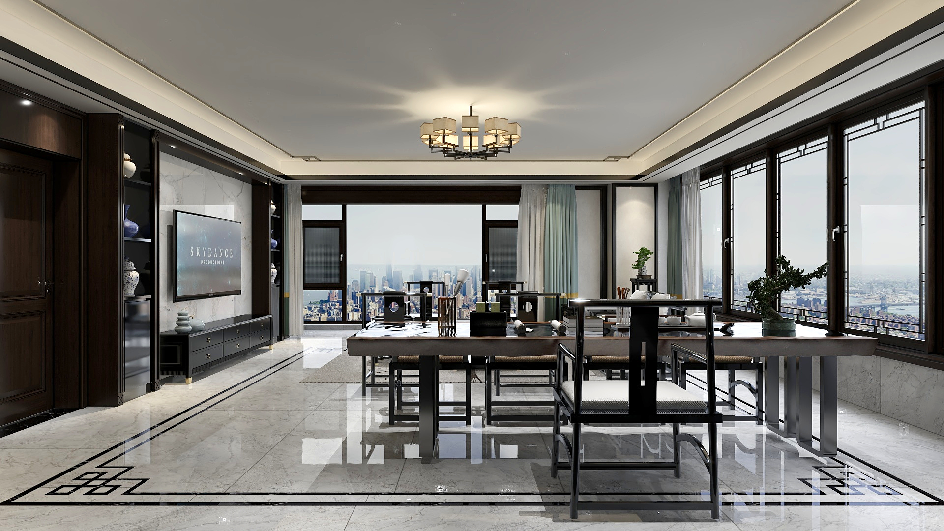 蓝达亮18077227628-新中式客餐厅装修效果图