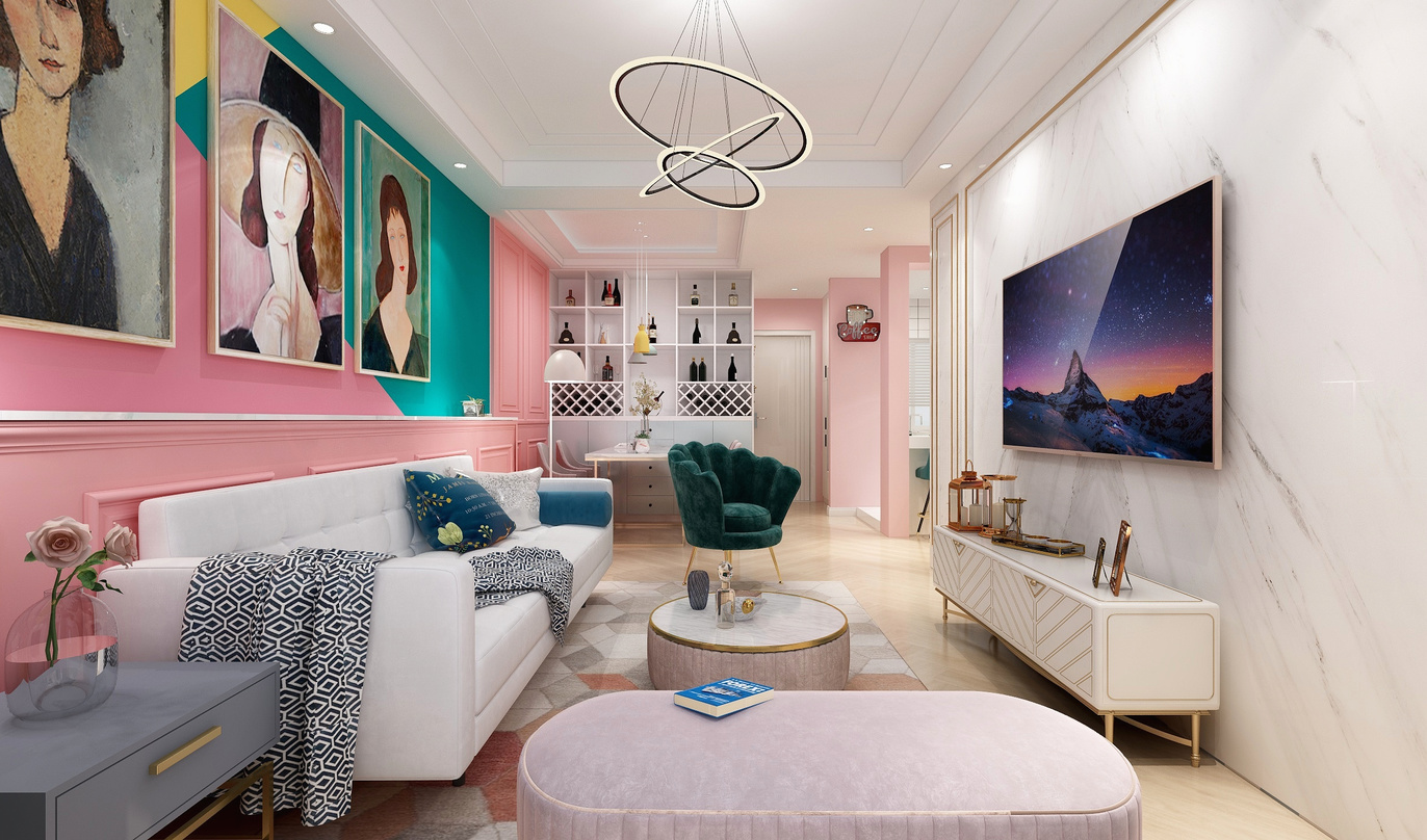 这个客厅空间明亮而宽敞，色彩搭配独特且引人注目。墙面是粉色和白色相间的，搭配柔和的灯光，营造出温馨舒适的氛围。客厅内设有一张白色沙发，搭配了一张同色系的茶几，沙发的旁边还有一张同色系的凳子，增加了空间的色彩统一性。墙面还挂着一些装饰画，为整个空间增添了艺术气息。在电视墙上，挂着一台大电视，下方还有一组白色的柜子，方便收纳杂物。地面铺着一块粉色的地毯，与墙面的颜色相呼应，使整个空间更加和谐统一。