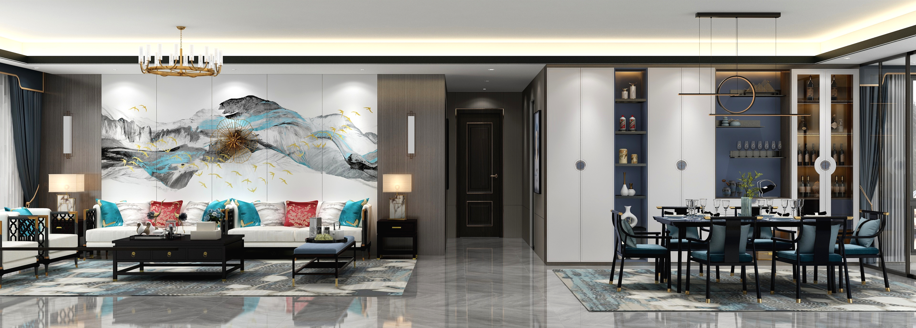 布凡设计1-新中式《蓝鹭》装修效果图