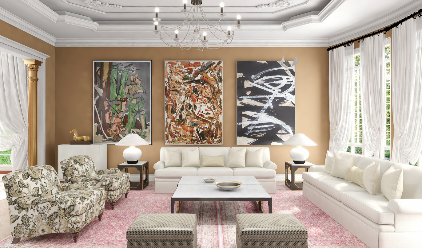 这是一间明亮的客厅，整体以米色和白色为主，装饰简约而高端。墙面是浅橙色，地面铺有一块大大的粉色地毯，地毯上放有四个米色的方形地毯，形成了四个区域，提供了方便的座位选择。 