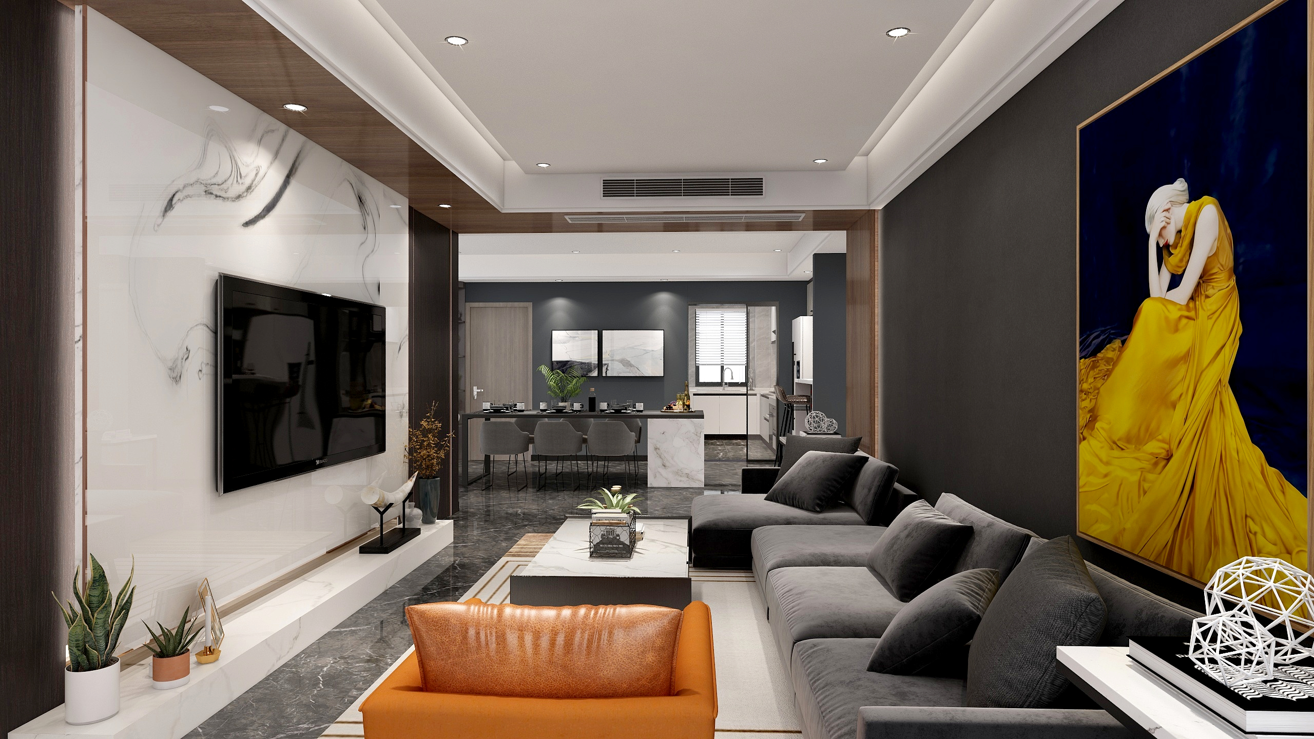 整装设计阿龙-现代（黑白灰）一层客餐厅装修效果图第4张