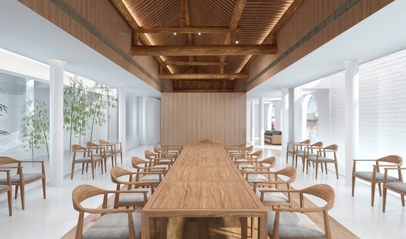 这是一间空的餐厅，整体风格以木质元素为主，营造出一种自然、温馨的环境。房顶使用了木制的长条进行装饰，天花板是黄色的木制结构，地面则是白色的木质地板。房间中间有一张长桌和16把木质椅子，桌子的左侧和右侧各有一排椅子，而桌子前则是一排木质的圆桌和椅子。房间的四周墙壁上种着一些绿色的植物，房间的白墙中间有一面木制的隔断，隔断后面是餐厅的厨房和备餐区。窗户的设计也很独特，使用了多个方形的白色窗框，窗户之间形成了很多小格子。