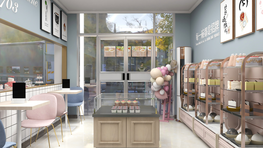 图中是一个甜品店铺，店铺中有一个甜品台，台面上有各种颜色的奶油蛋糕，下面的柜子里还有很多蛋糕。店铺的左侧是展示架，上面摆放着各种甜品，还有几套白色桌椅，方便顾客品尝甜品。店铺的右侧是粉色的吧台，上面放着一些气球，下面的柜子里装着各种甜品。店铺的天花板上挂着一些装饰画，整个店铺的装修风格是粉色和原木色，非常少女心。