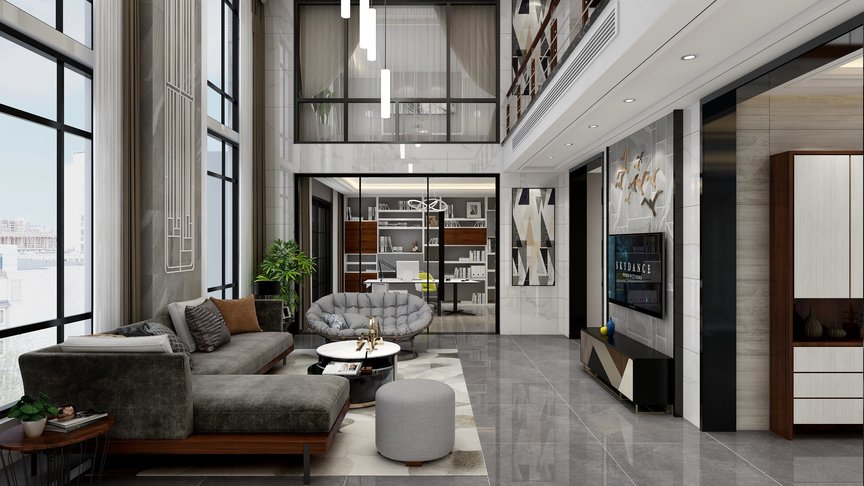 这个模型构建的场景是一个客厅的室内模型。客厅的地面铺设了灰色的瓷砖，墙面是白色和深灰色的搭配。空间中间有一张黑色大理石的圆形咖啡桌，搭配了黑色、白色和灰色的圆形凳子。沙发是灰色的，搭配了黑色、白色和灰色的抱枕。沙发的左边有一张黑色的单人沙发，单人沙发搭配了黑色、白色和灰色的抱枕。沙发的右边是一张黑色的电视柜，电视柜上摆放了一台黑色的电视，电视下方有一块灰色的大理石的长方形的矮柜。电视的右侧是白色的墙壁，上面挂着一幅装饰画。客厅的顶部有一个悬空的玻璃隔层，里面是黄色的灯光。空间的左侧是一排窗户，窗户的左右两侧分别是沙发和单人沙发。