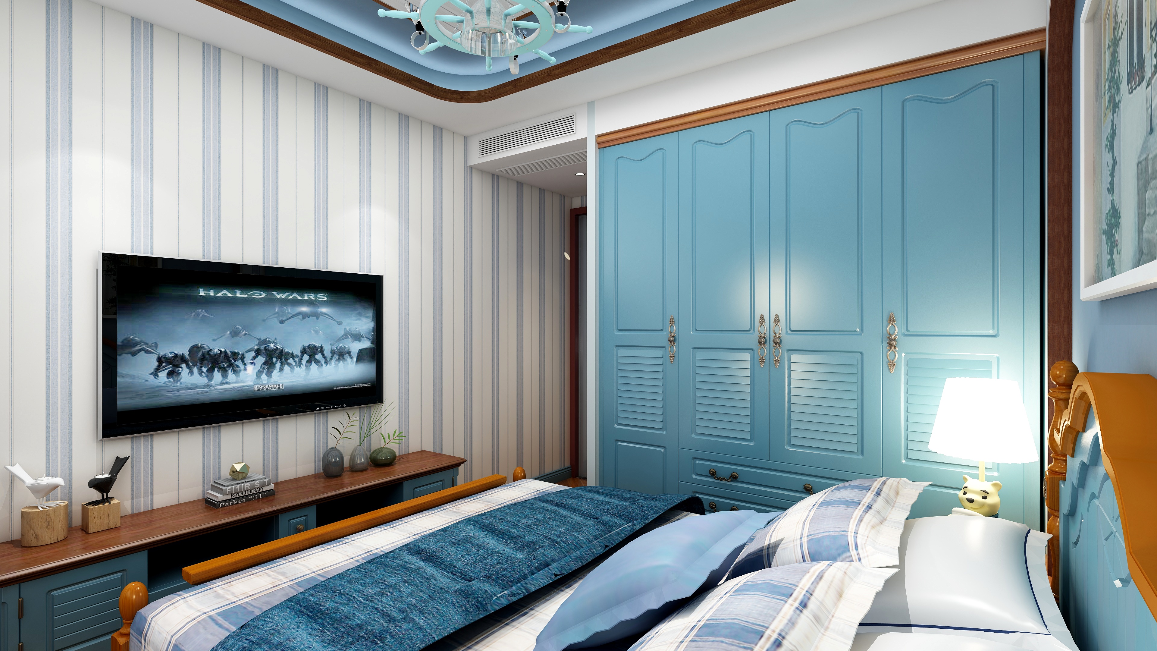 神马云在线-92方地中海三居一层主卧装修效果图第2张