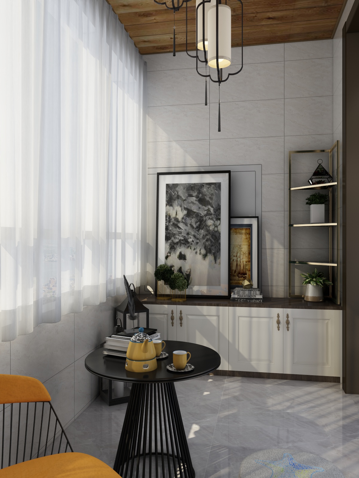 李艳楠设计狮-146方新中式三居一层阳台休闲区装修效果图第2张