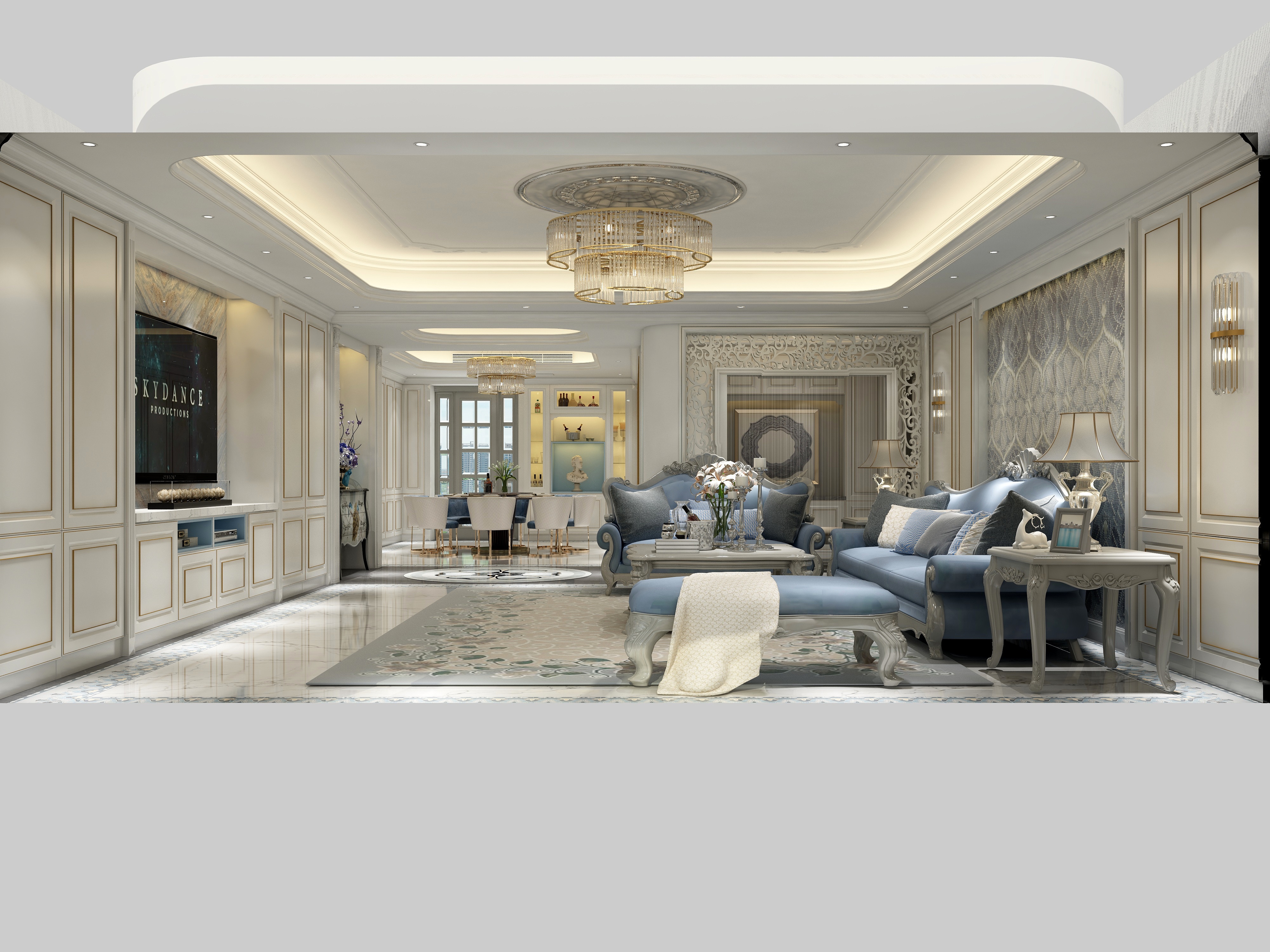 黄建-《爱丽舍》新古典|四居大平层一层客餐厅装修效果图第1张