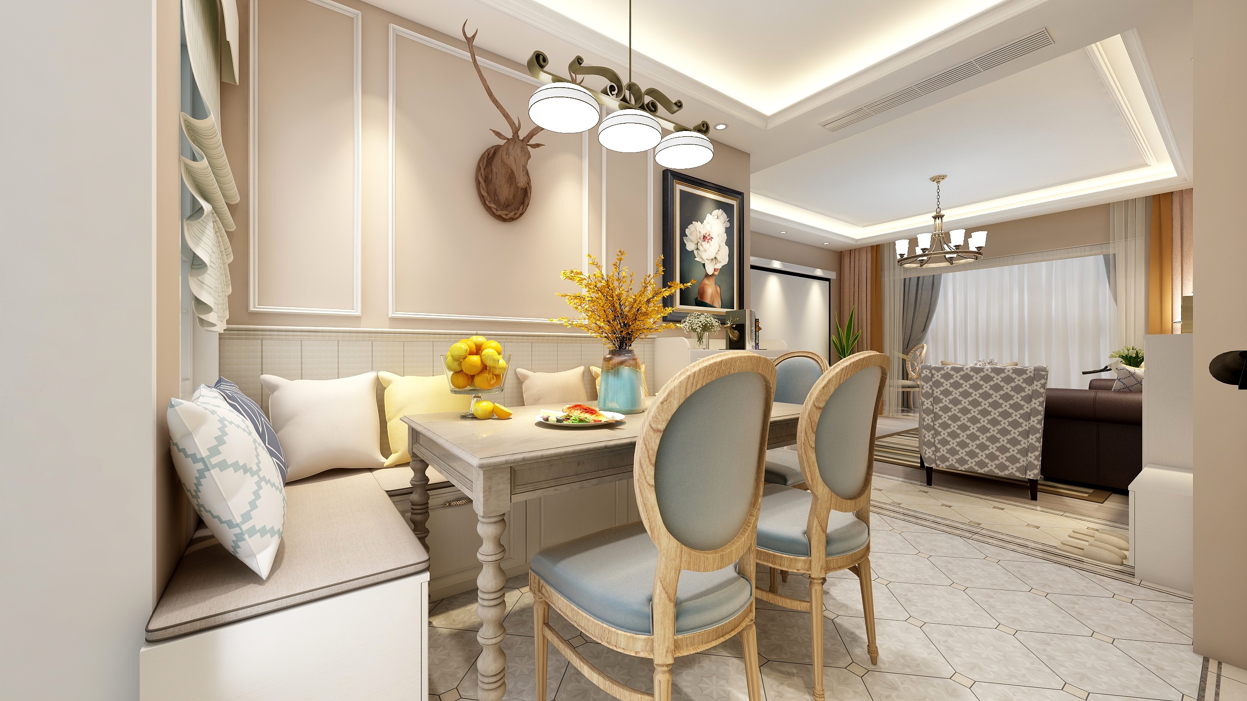 郑宇阳-经典美式|优雅曼哈顿一层客餐厅装修效果图第3张