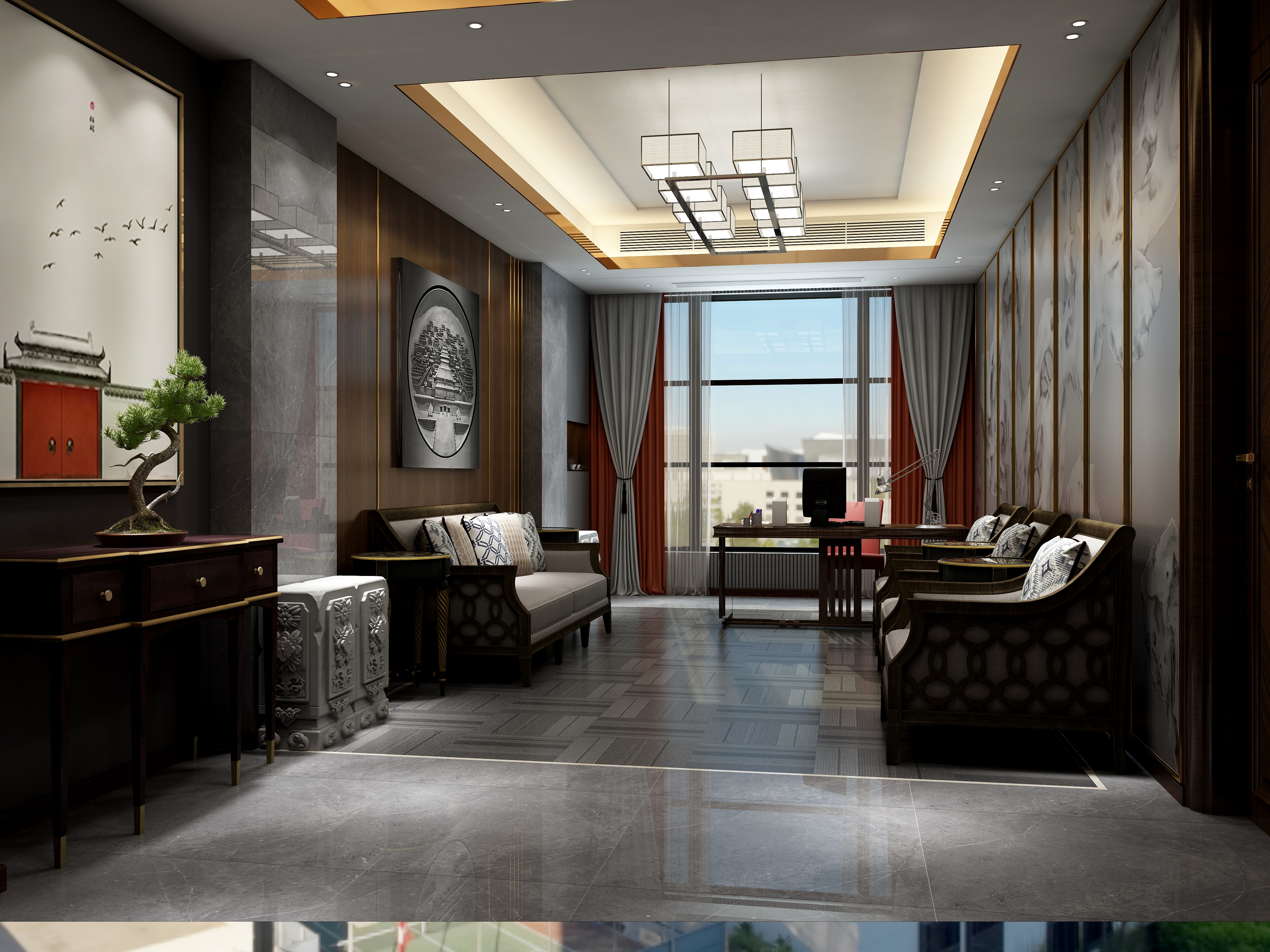 黄建-《朝闻道》新中式|高档会所办公楼设计一层接待室装修效果图第1张