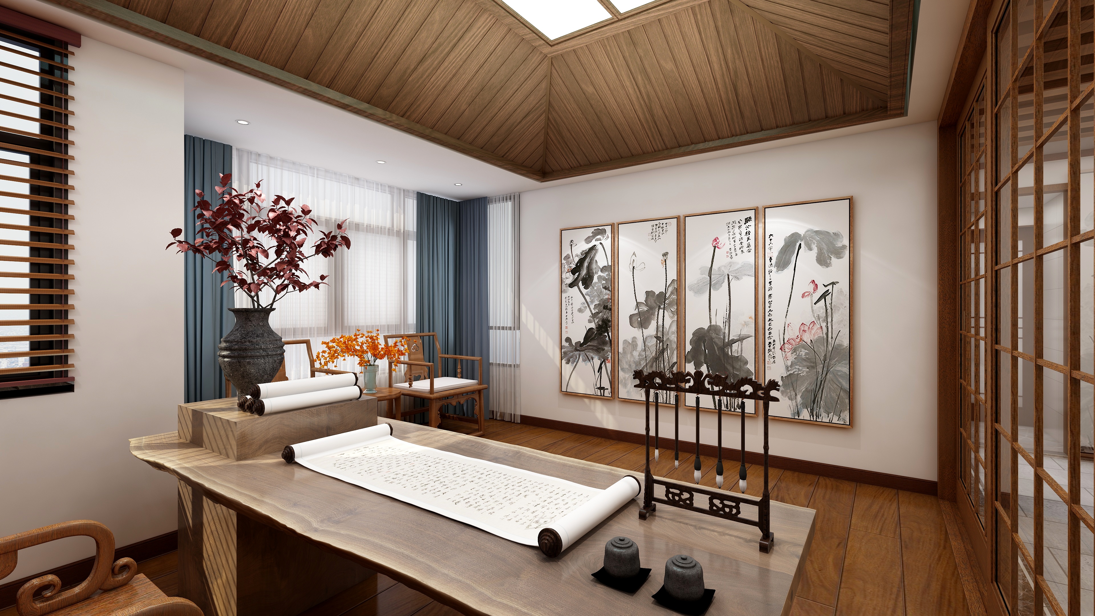 神马云在线-潘府--3F坡屋顶一层书房装修效果图第2张