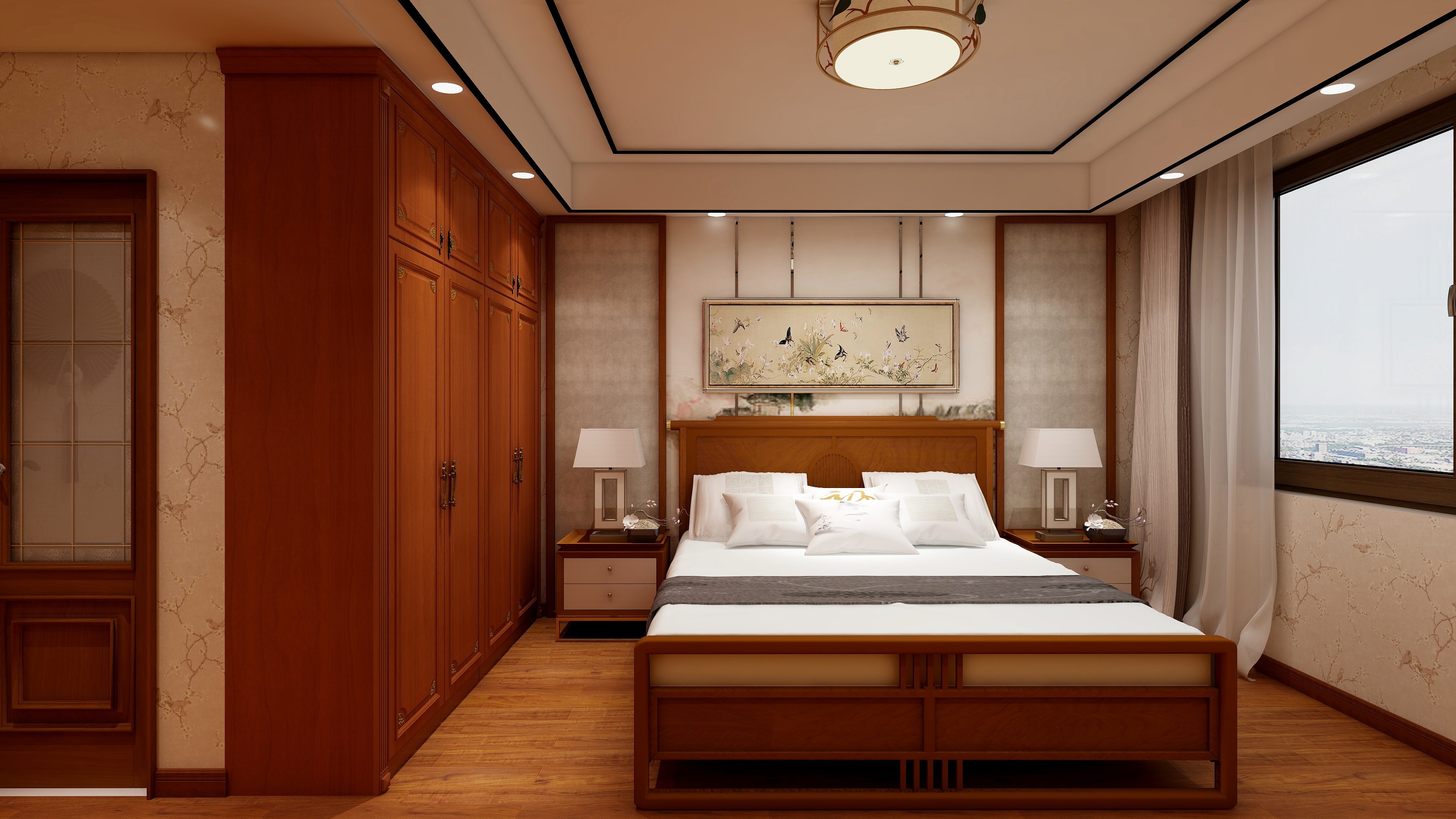 商丘卡诺亚-150㎡新中式三居一层主卧装修效果图第1张