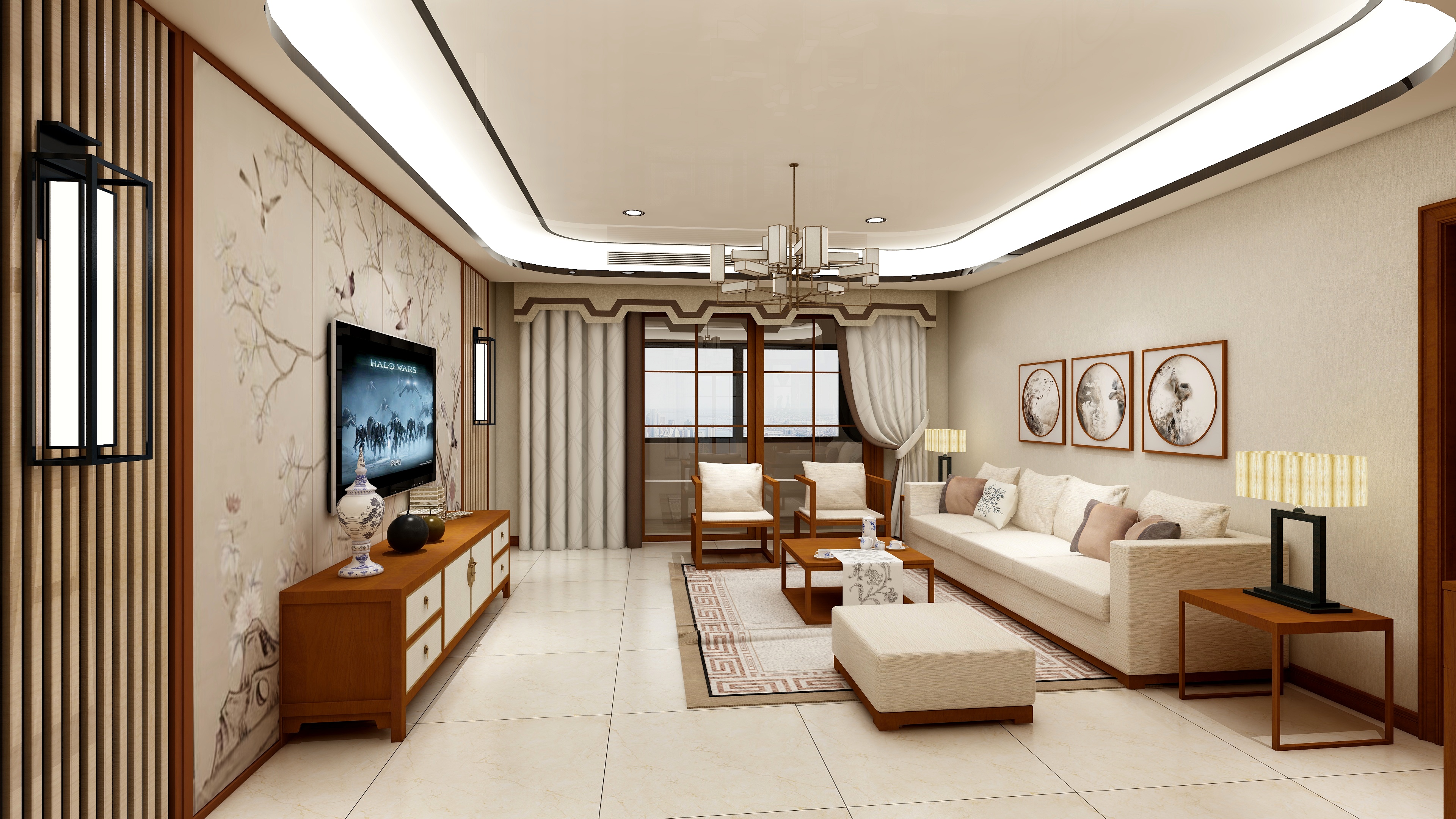 商丘卡诺亚-150㎡新中式三居一层客厅装修效果图第3张