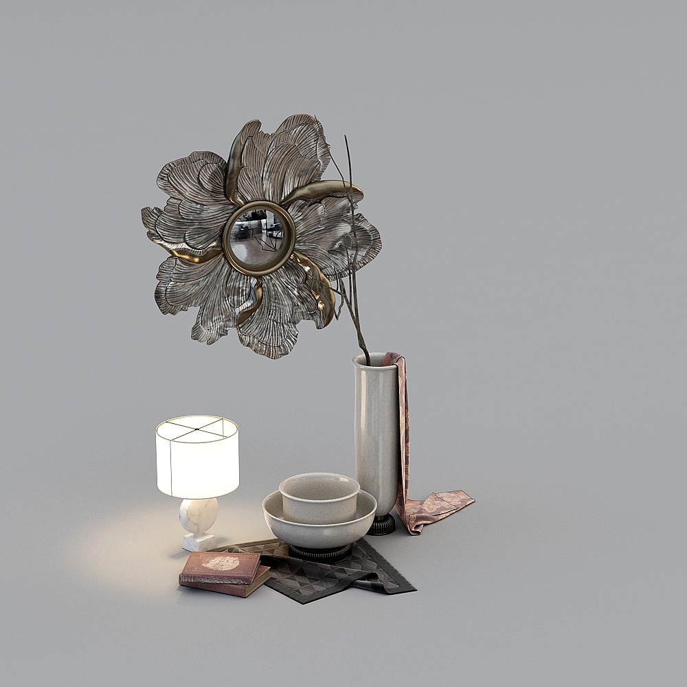 现代陶瓷器皿插花书籍摆件组合3D模型ID：270554