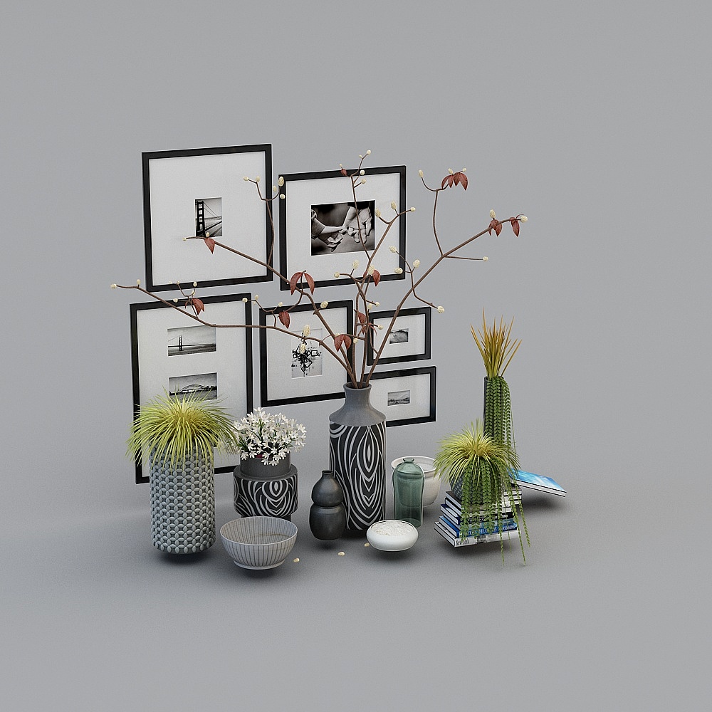 现代陶瓷花瓶花卉挂画摆件组合3D模型ID：245116