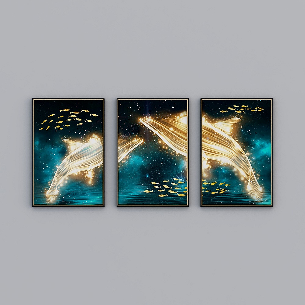 现代鎏金海豚客厅北欧三联装饰画3D模型