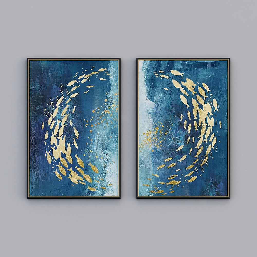 现代金色新中式水墨山水鲤鱼客厅晶瓷画北欧装饰画3D模型