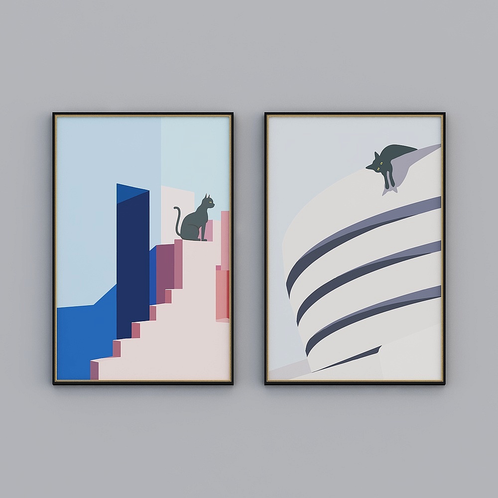 现代简约浪漫小清新色彩建筑小猫双联装饰画