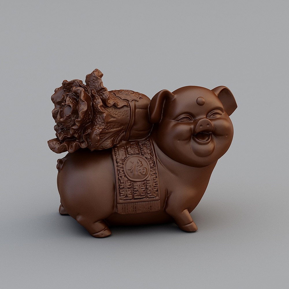 酷家乐-现代中式福猪白菜雕像陈设摆件-23D模型