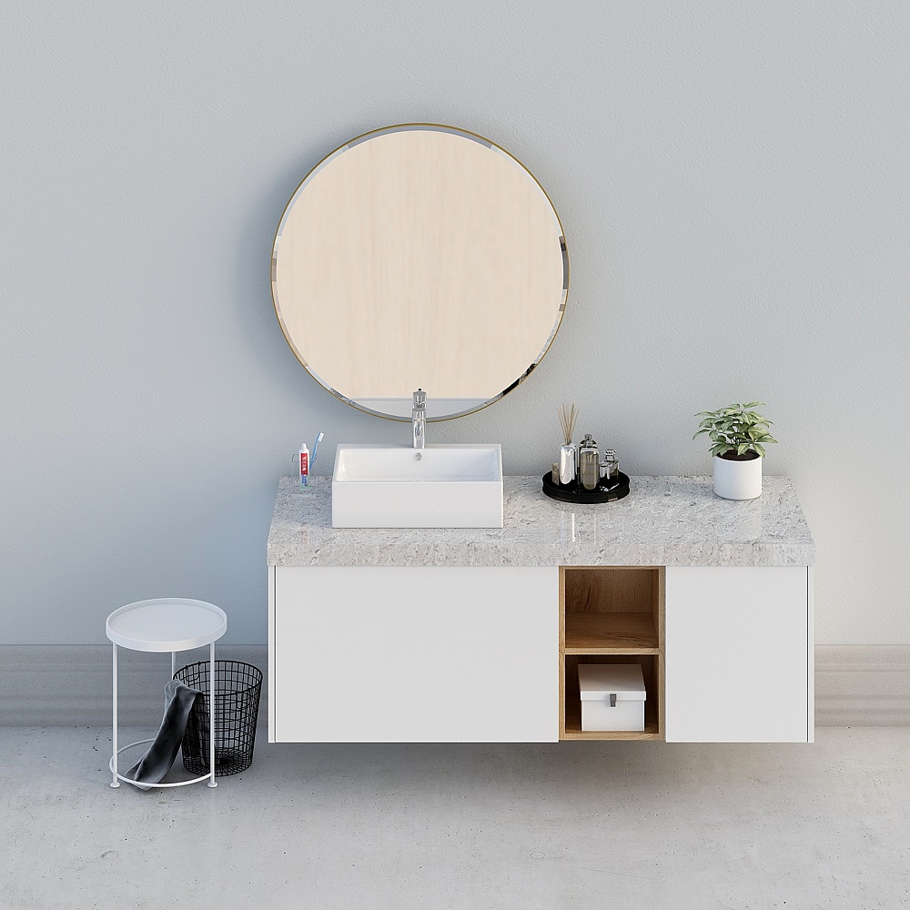 【全屋定制】奥克索现代北欧白卫浴柜洗手台-33D模型