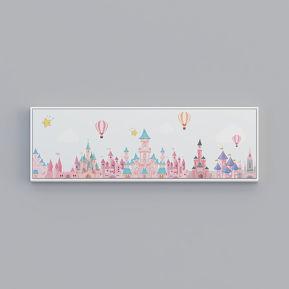起贝卡通儿童房单幅横款白色框城堡43x133cm床头装饰画wrgz-x-6