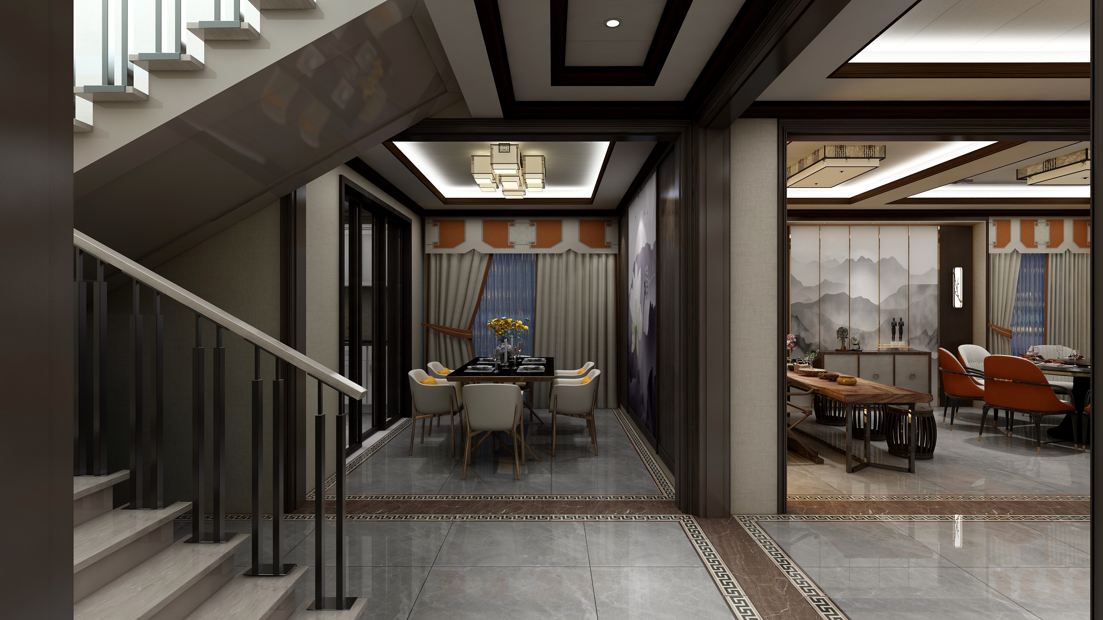 720云全景-121㎡新中式别墅一层走廊装修效果图第1张