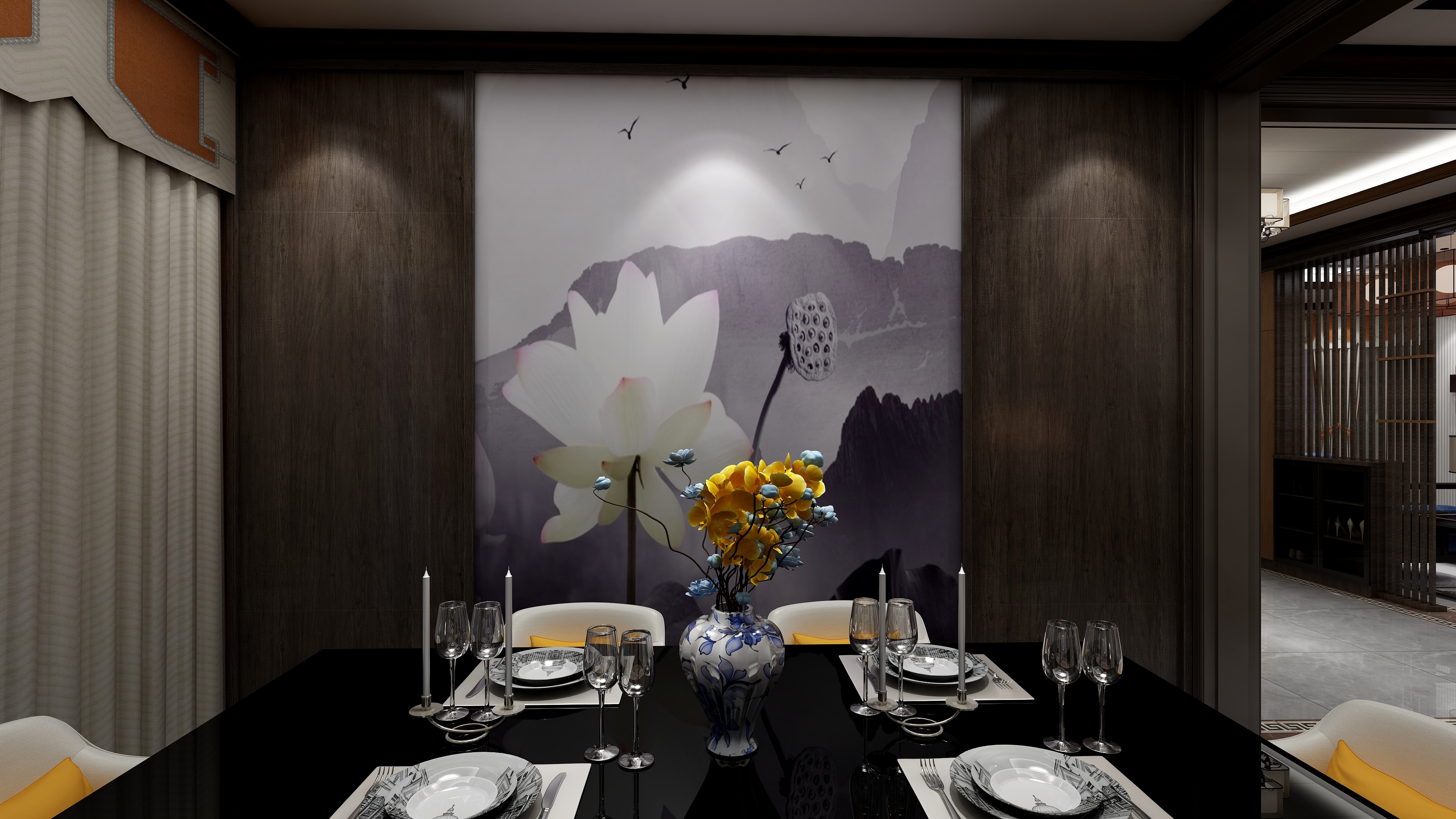 720云全景-121㎡新中式别墅一层小餐厅装修效果图第1张