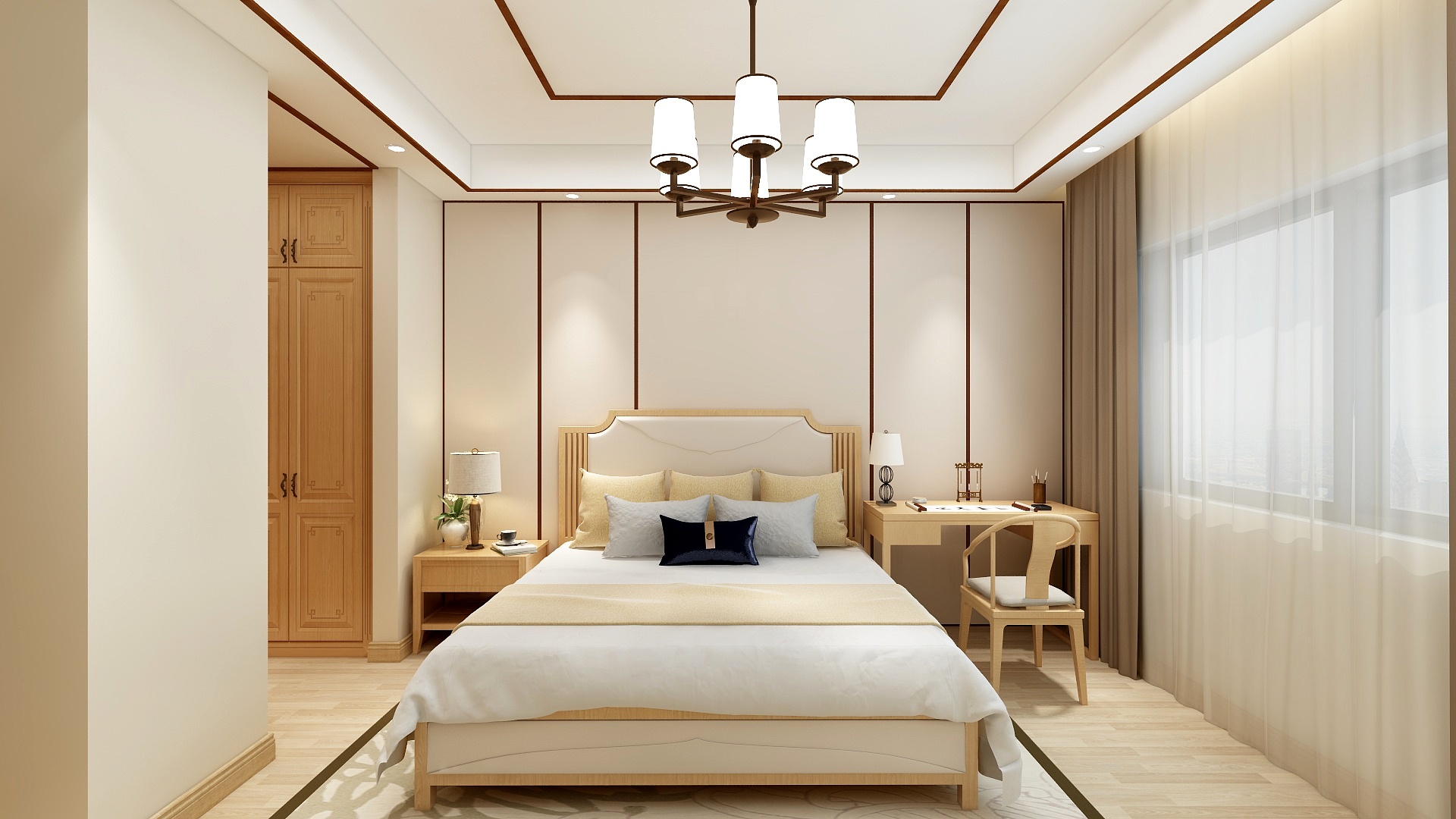 胡一舟-中式-新力金沙湾一层主卧装修效果图第3张