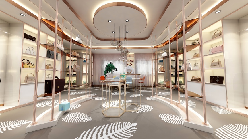 图中是一个女包的专卖店，店铺中央有一张桌子，上面放着几个女包，周围围绕着货架，货架上挂着各种女包，有粉色、棕色、米白色等，还有一些女包被放在一排白色的柜子上。天花板上有一个半圆形的灯，照亮了整个店铺。店铺的地面和墙壁都铺着乳白色的瓷砖，乳白色的瓷砖上有浅色的花纹。店铺的左侧有一个带玻璃的门，玻璃门上也展示着女包。