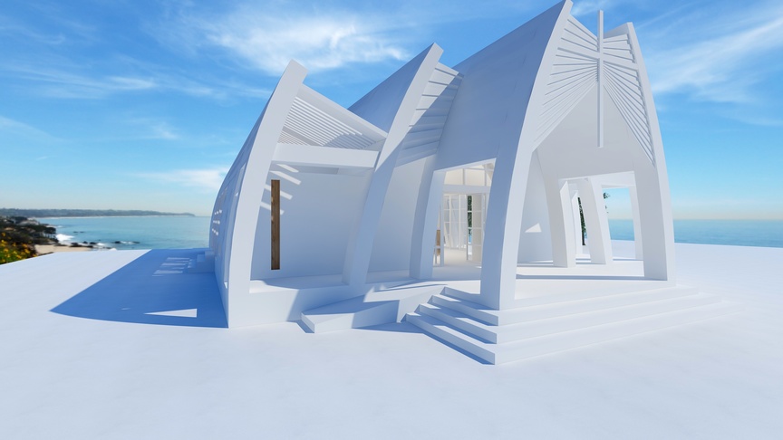 这个场景是一个3D渲染的海洋小屋。小屋位于一个悬崖上，背靠蔚蓝的海洋和天空。阳光透过白色几何形状的窗户照射进来，照亮了整个室内。地板上、楼梯上和桌子上都有白色的物品。