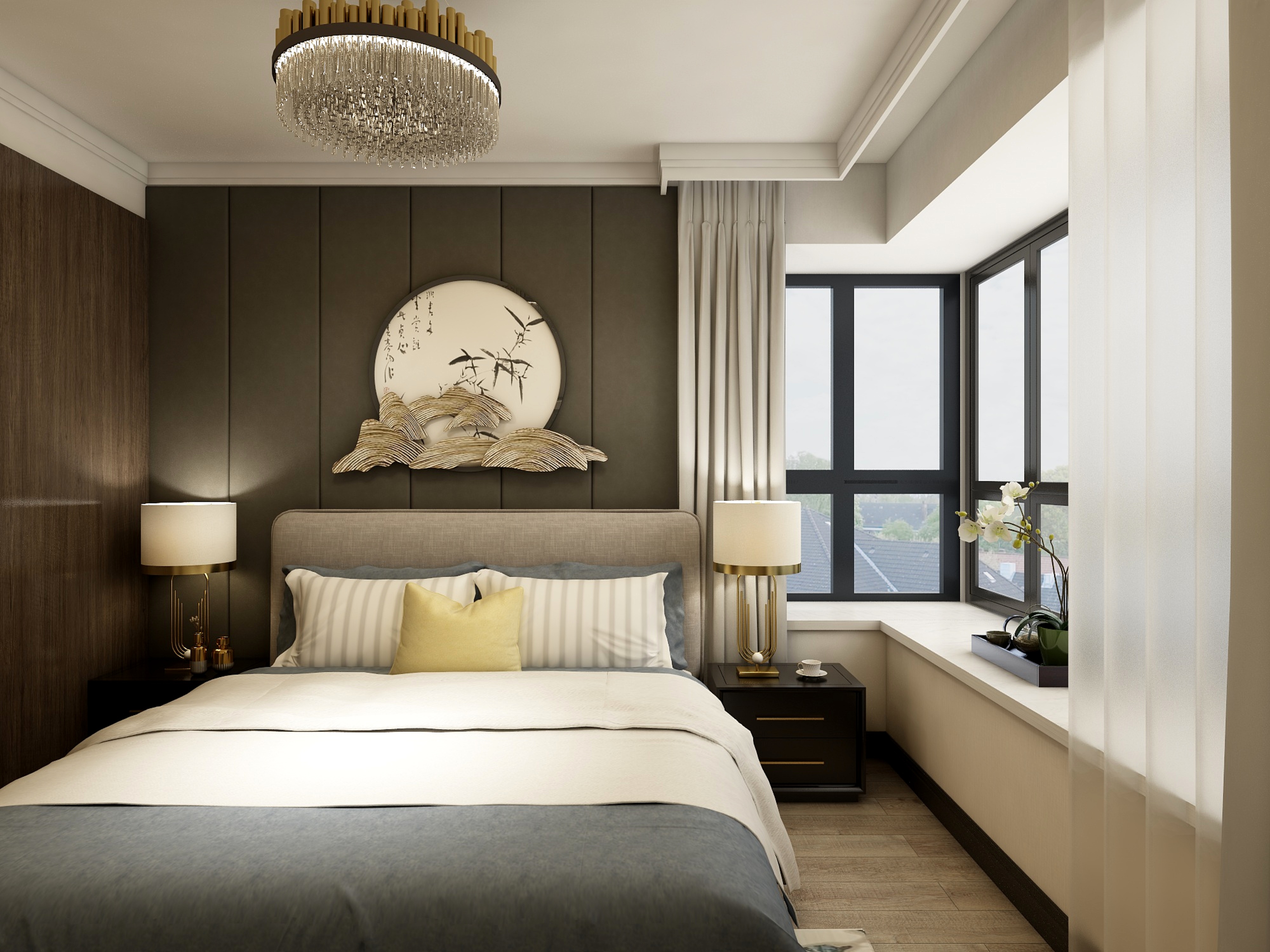 李艳楠设计狮-146方新中式三居一层主卧装修效果图第1张