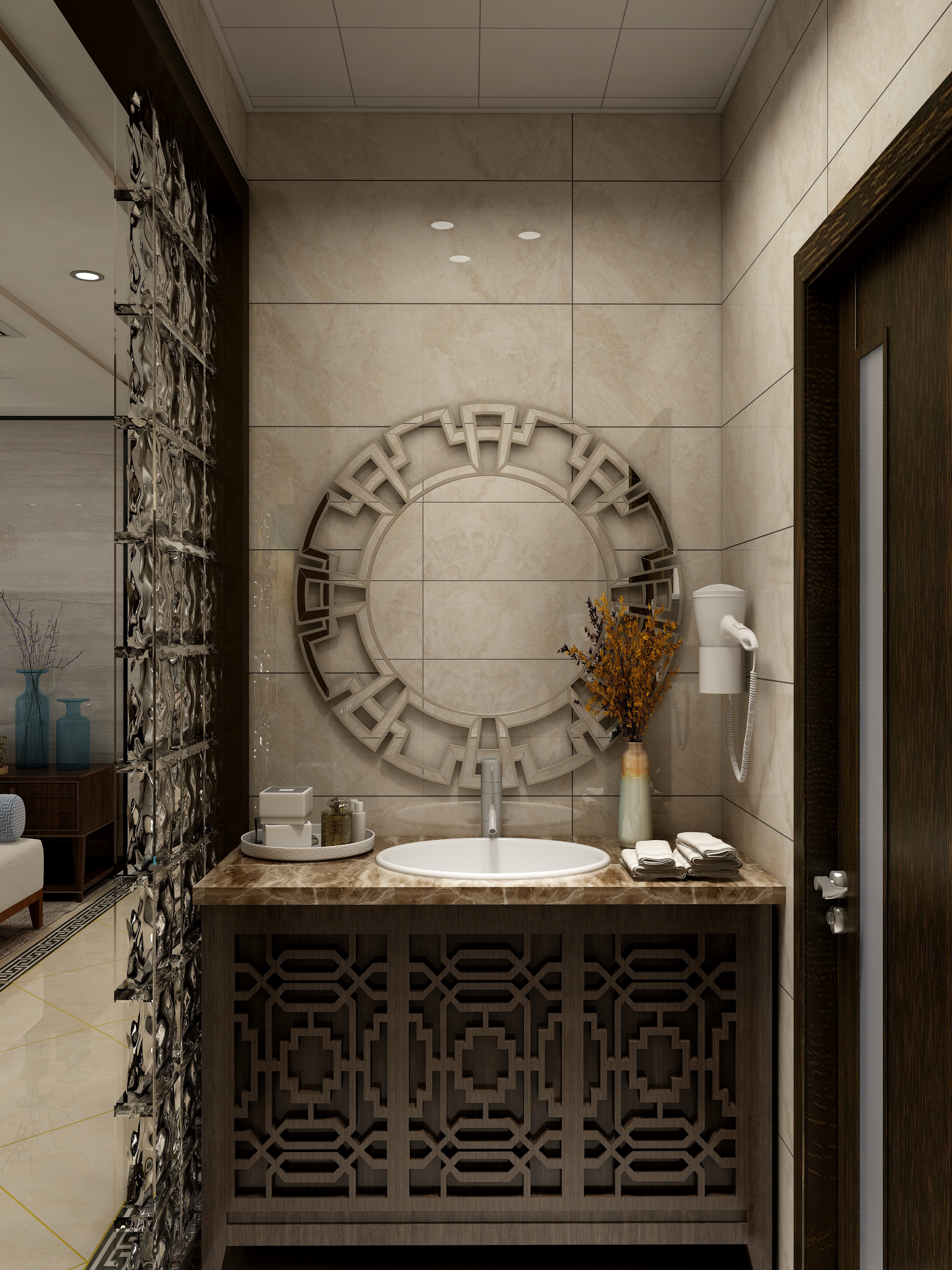 李艳楠设计狮-146方新中式三居一层洗漱室装修效果图第1张