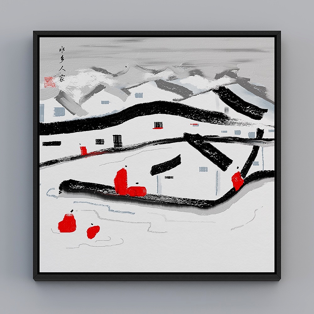 百特好新中式客厅方款黑色框53x53cm风景bqy232-x-13D模型