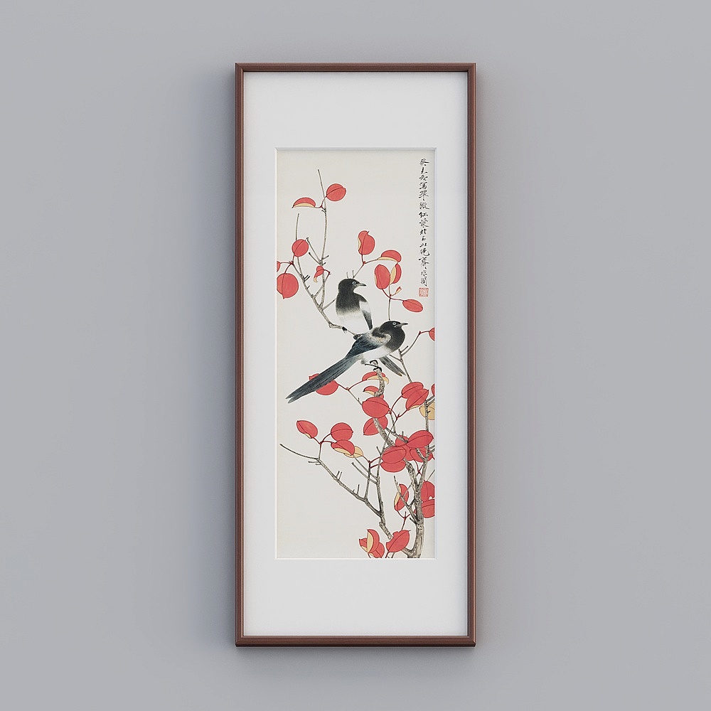 起贝新中式单幅竖款红木色实木框翠微红叶图58x128cm花鸟风景twhxd-zs-gg-sk-28