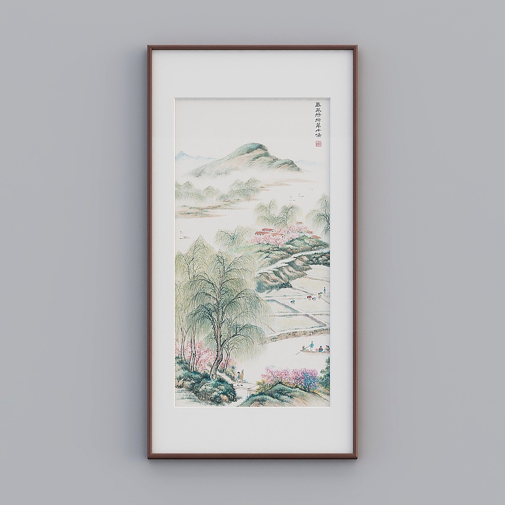 起贝新中式单幅竖款红木色实木框春风杨柳万千条83x163cm山水风景twhxd-zs-gg-sk-23D模型
