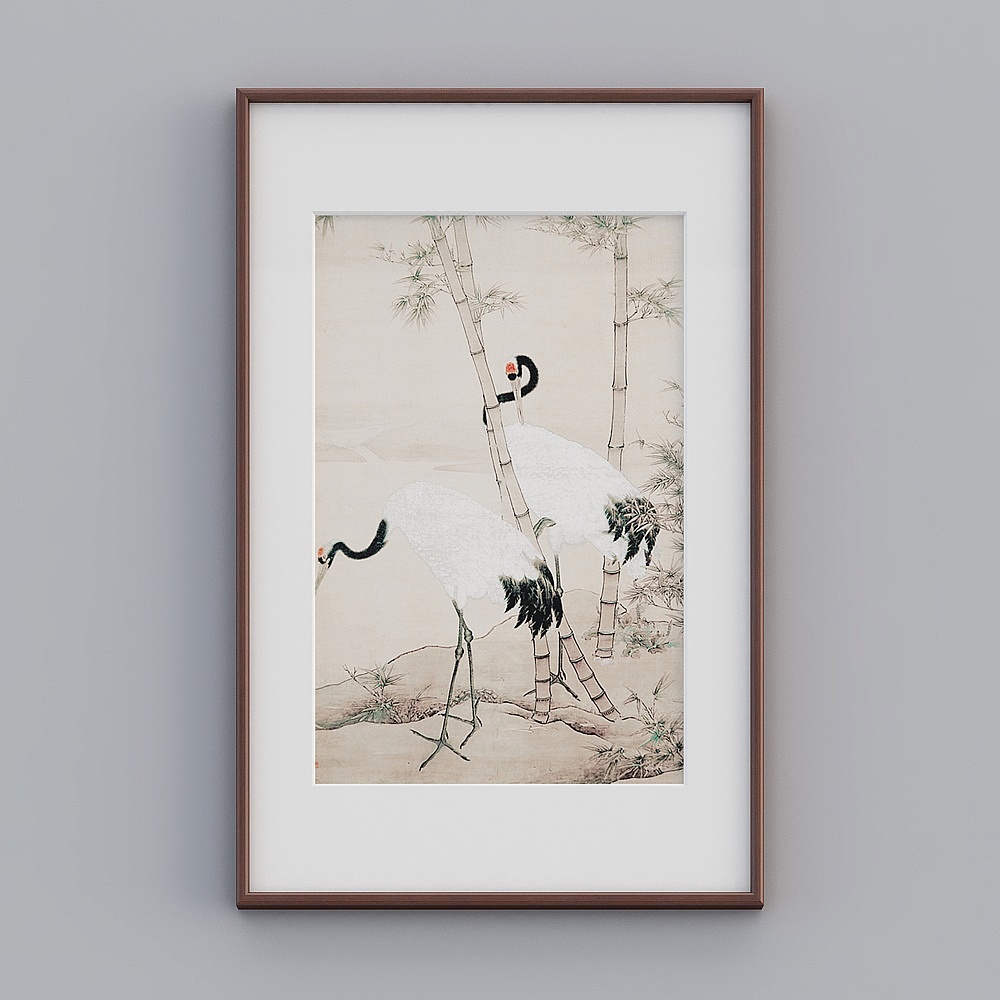 仙鹤图装饰画新中式玄关挂画过道墙壁画书房花鸟国画版画作品twrgz-zs-gg-sk-53D模型