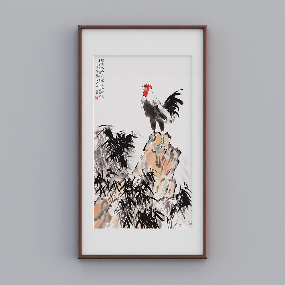 起贝新中式单幅竖款红木色实木框风雨鸡鸣68x123cm花鸟风景twhxd-zs-gg-sk-34