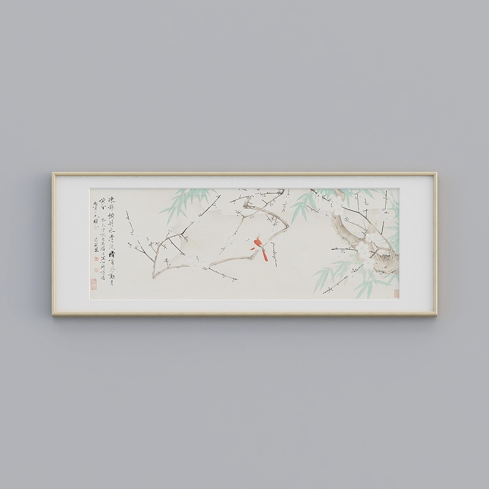 起贝新中式单幅横款原木色实木框雪梅丹雀图68x183cm花鸟风景twlpr-zs-gg-sk-12