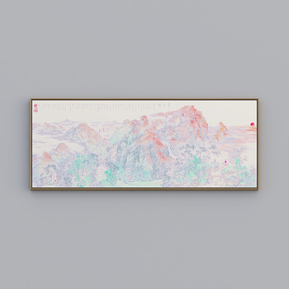 百特好新中式客厅横款棕色框73x183cm泰山日出btyl-x-33D模型