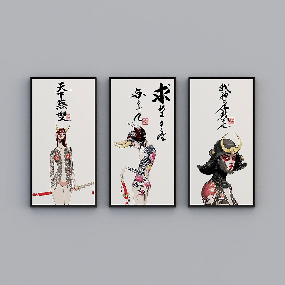 百特好日式居酒屋三联竖款黑色框刺青武士53x103cm人物装饰画byrgz-x-7