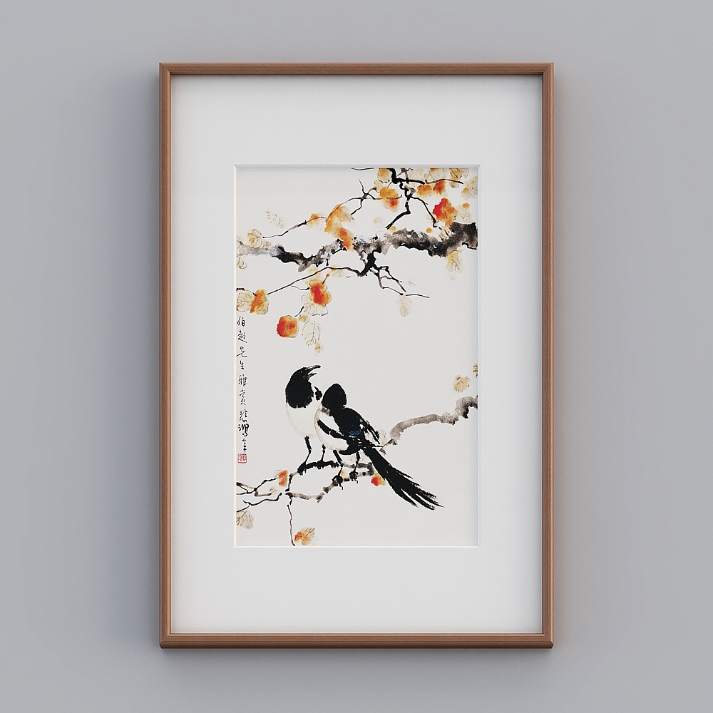 起贝新中式单幅竖款海棠色实木框双喜图63x93cm徐悲鸿花鸟风景tlclz-zs-gg-sk-1