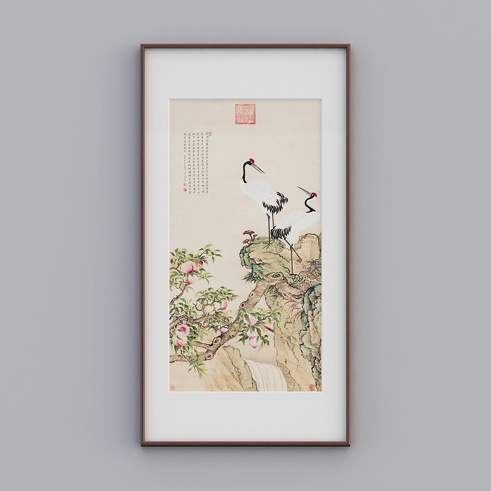 起贝新中式单幅竖款红木色实木框仙鹤蟠桃图93x178cm工笔国画tlclz-zs-gg-sk-7