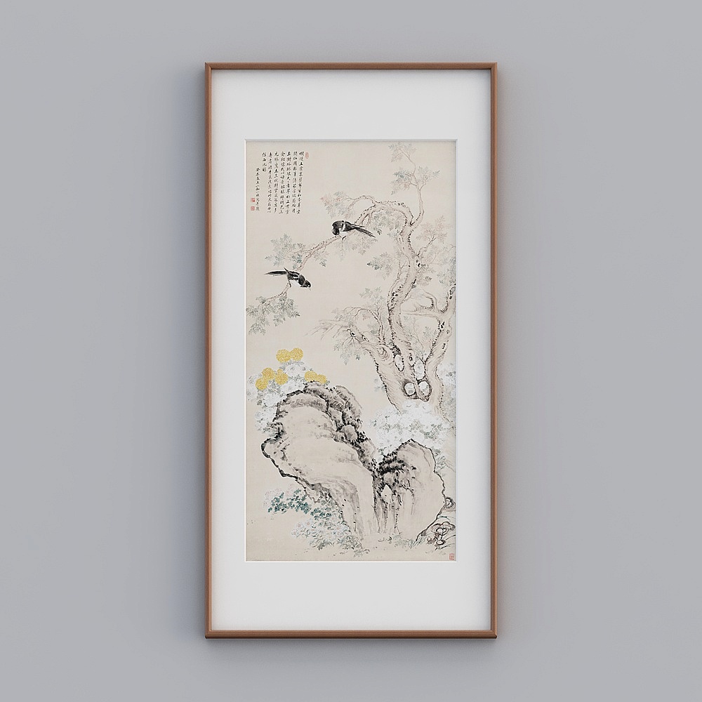 起贝新中式单幅竖款海棠色实木框翠柏双喜图83x163cm花鸟风景tlrgz-zs-gg-sk-33D模型