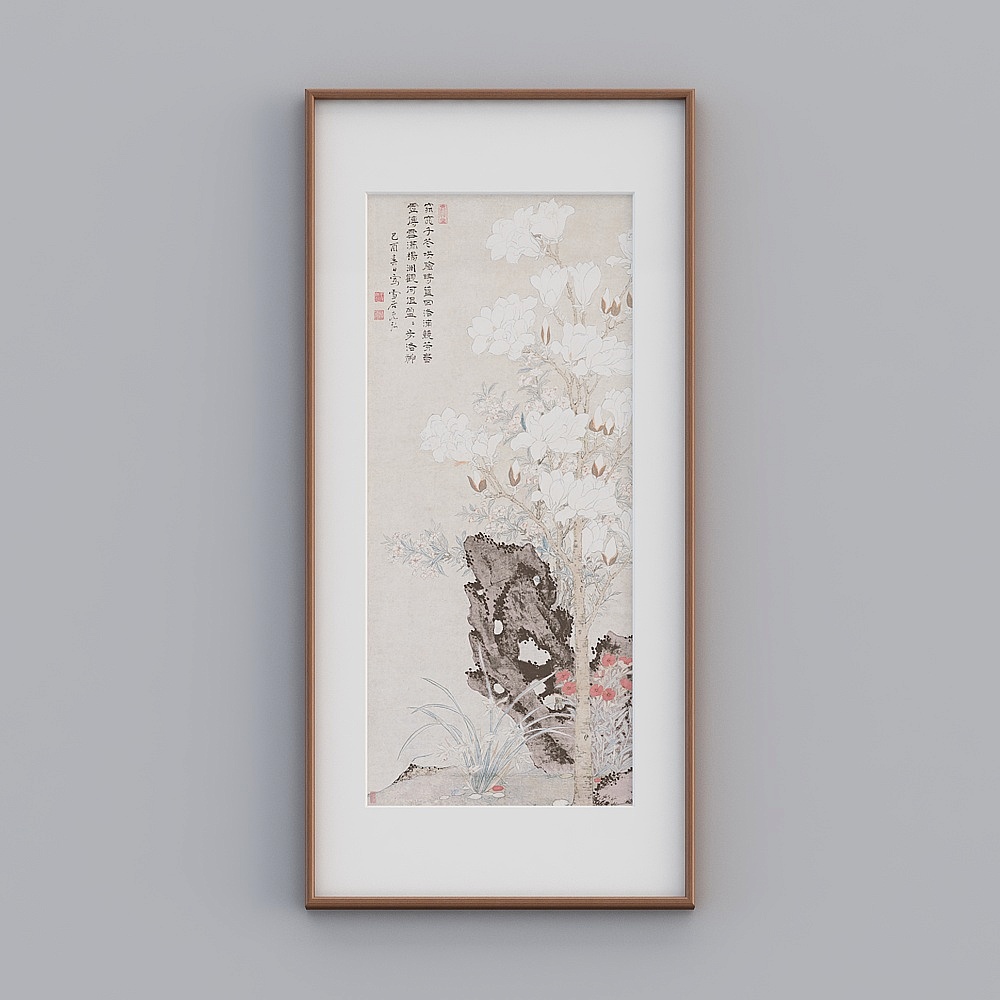 起贝新中式单幅竖款海棠色实木框玉堂芝兰图73x153cm工笔花鸟tlrgz-zs-gg-sk-53D模型