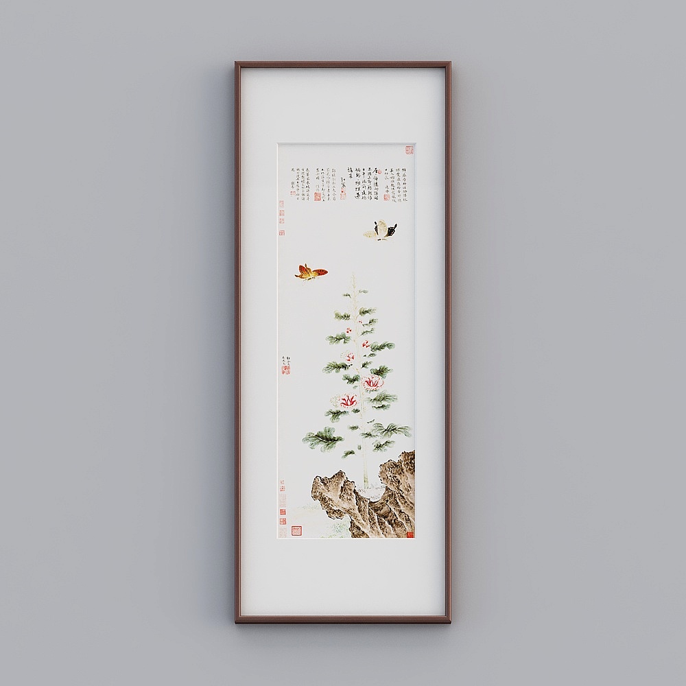 起贝新中式单幅竖款红木色实木框葵石峡碟图63x163cm花鸟风景twclz-zs-gg-sk-22