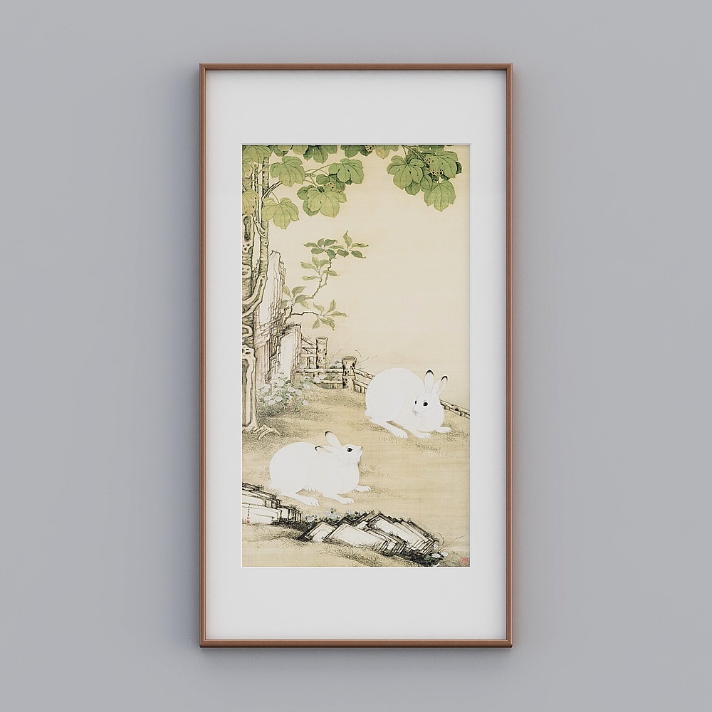 起贝新中式单幅竖款海棠色实木框梧桐双兔图93x173cm国画风景twclz-zs-gg-sk-23