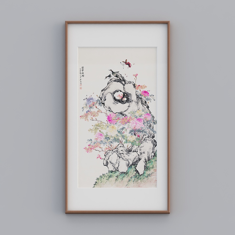 起贝新中式单幅横款海棠色实木框富贵白头图78x143cm工笔花鸟twhxd-zs-gg-sk-383D模型