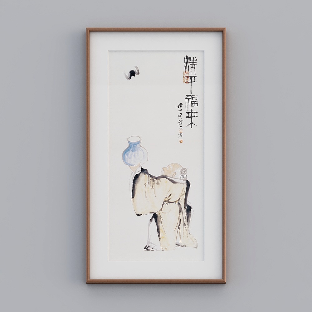 起贝新中式单幅竖款海棠色实木框清平福来73x133cm水墨国画twlpr-zs-gg-sk-23D模型